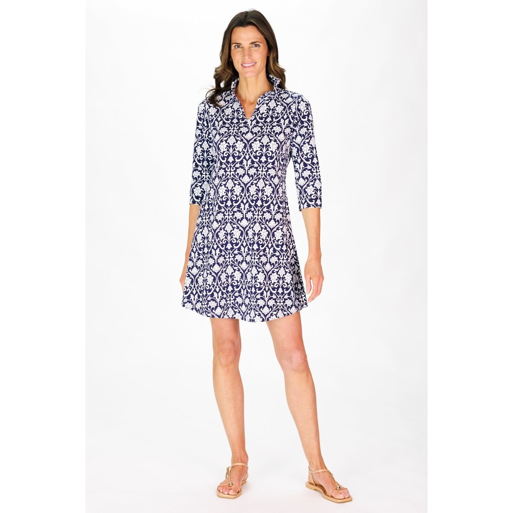 Duffield Lane Lillian Dress M Navy Filigree Damask 3/4 Sleeve Ruffle Collar